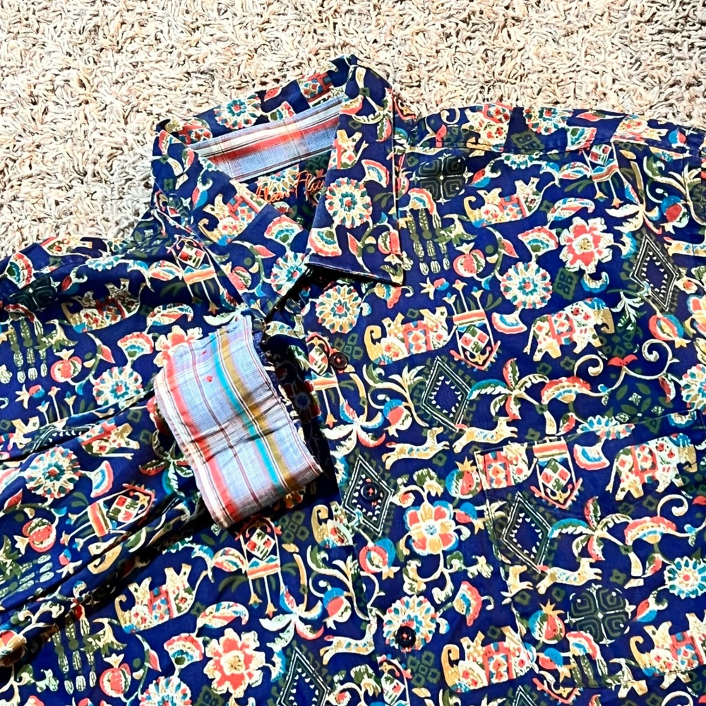 Alan Flusser Mens XL Blue Multi Print Button Up‎ Long Sleeve Cotton Shirt